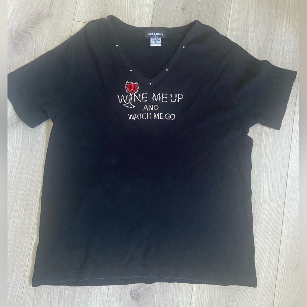 Lucky Brand Black Tee with gems graphic wine 100% cotton size large
